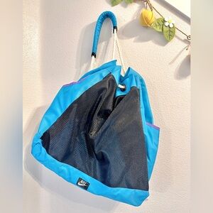 Vintage Nike Teal Blue Purple Drawstring Crossbody Rucksack Gear Bag Mesh Beach